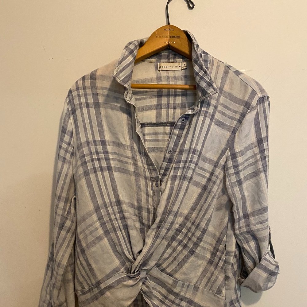 Blue/White Plaid Flannel Shirt w Faux Midriff Tie - Size Medium